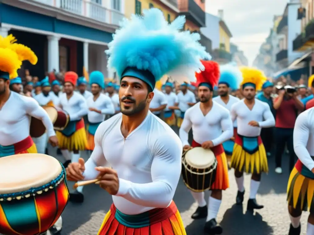 Cuadro detallado de desfile de Candombe en Uruguay Un vibrante desfile de Candombe en Uruguay, con impacto cultural y moda tradicional uruguaya