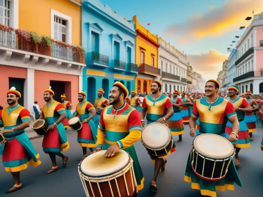 Vibrante desfile de candombe en Uruguay, mostrando la importancia del candombe en la cultura uruguaya