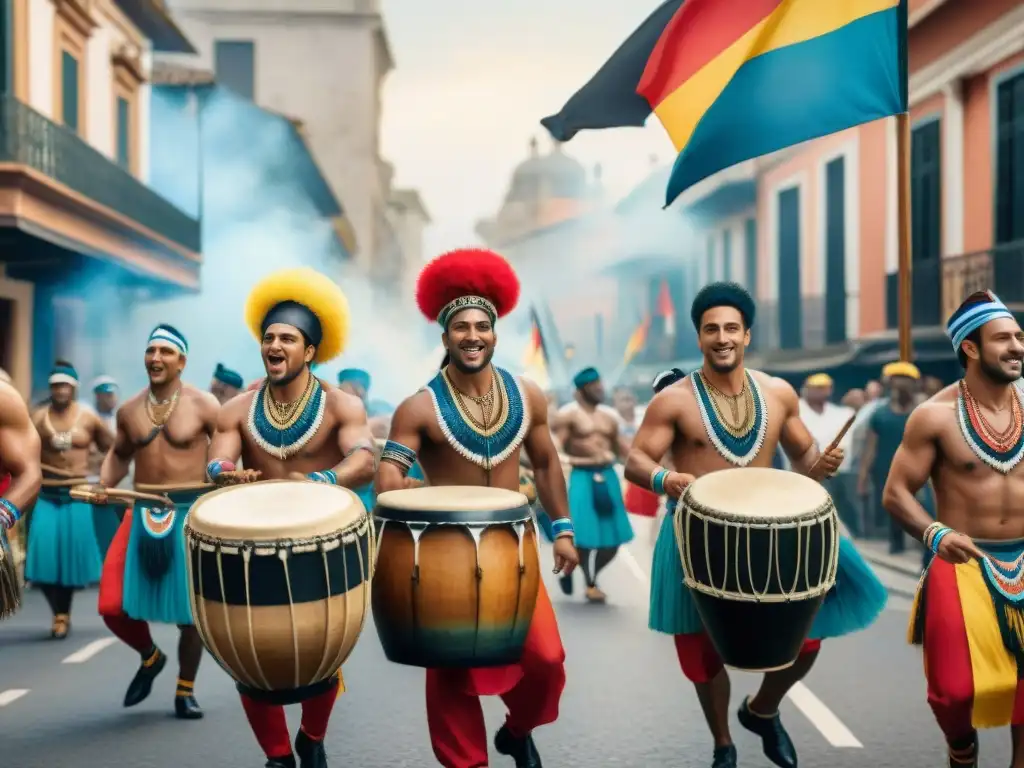 Vibrante desfile de Candombe en Uruguay: pintura acuarela Un vibrante desfile de Candombe en Uruguay, reflejando la importancia del Candombe en Uruguay con detalles culturales