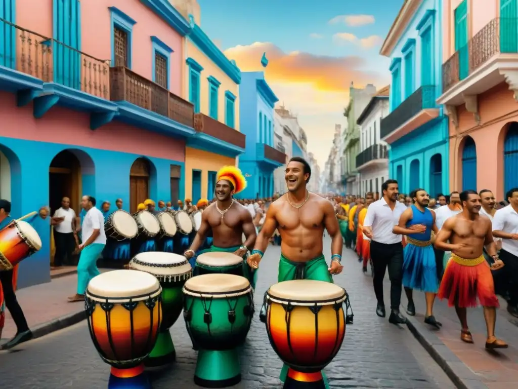 Candombe vibrante en Montevideo: danzas, tambores y alegría Un vibrante desfile de Candombe en Montevideo con tambores, bailarines y espectadores en las calles coloridas