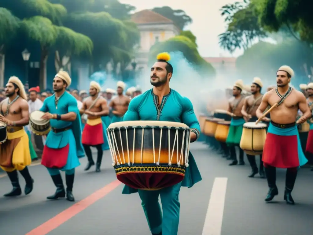 Pintura acuarela de un vibrante desfile de Candombe en Uruguay Un vibrante desfile de Candombe en Uruguay con tambores y trajes coloridos, ritmo tradicional uruguayo