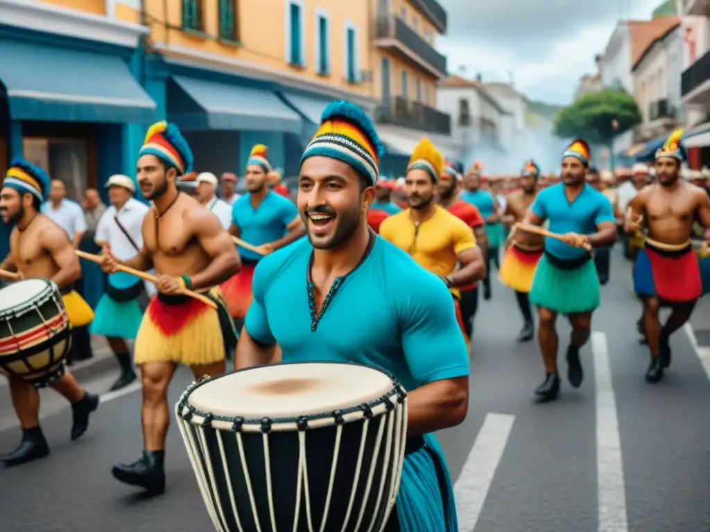 Vibrante Candombe: Pintura acuarela de desfile uruguayo Un vibrante desfile de Candombe en Uruguay: tambores, bailarines y espectadores en una celebración cultural llena de color y alegría