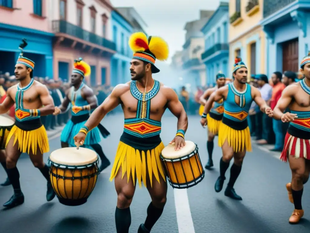 Vibrante desfile de Candombe en Uruguay con vestuarios coloridos y símbolos representativos