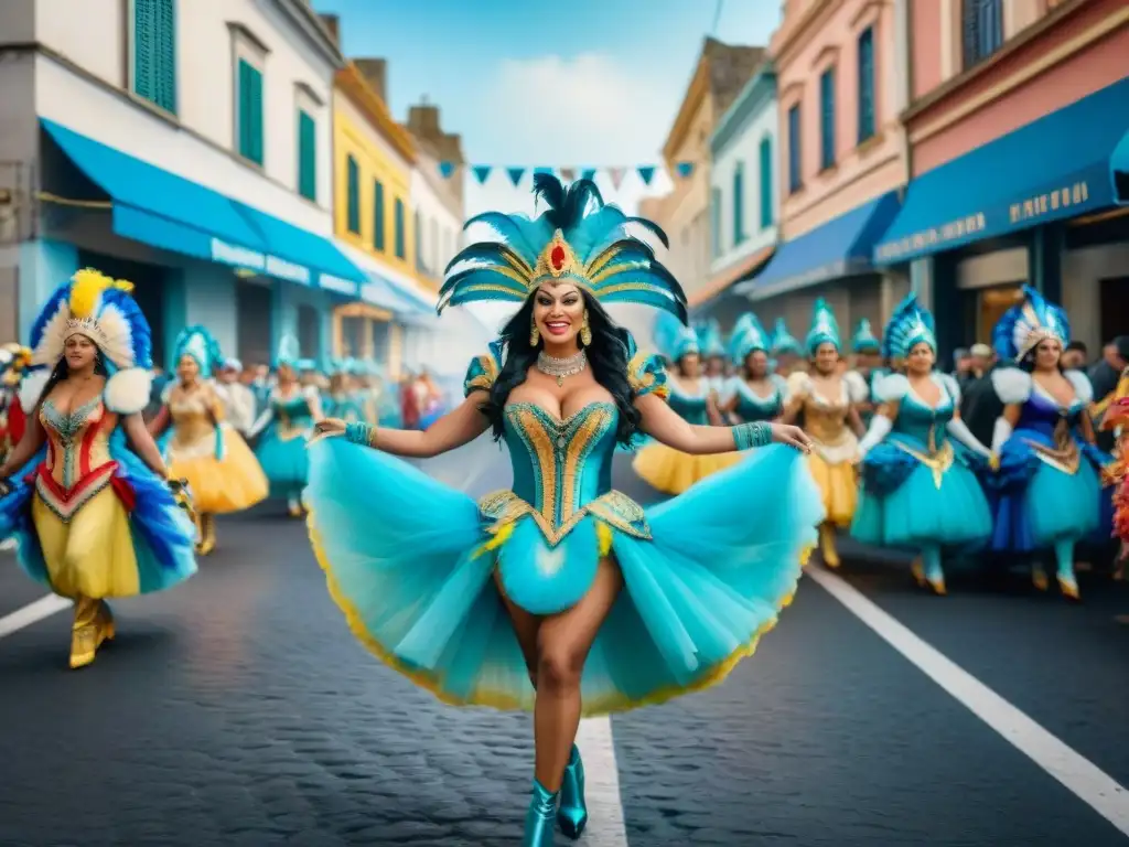 Carnaval uruguayo: vibrante escena callejera en acuarela Vibrante desfile de Carnaval en Uruguay