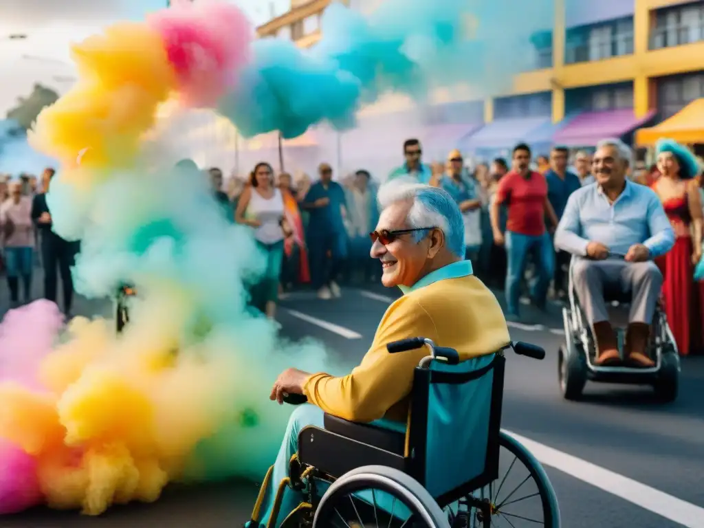 Desfile inclusivo en Carnaval de Uruguay: diversidad y alegría Una ilustración acuarela vibrante que muestra la inclusión en un desfile de Carnaval en Uruguay