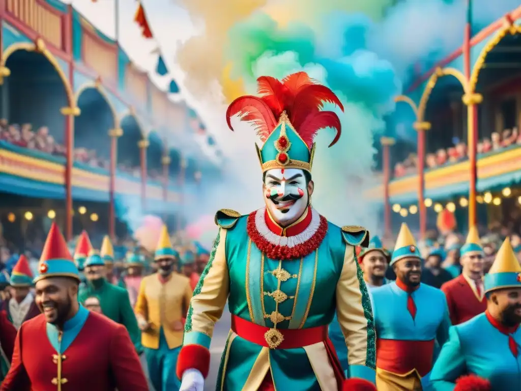 Desfile vibrante de carnaval: energía y colorido Vibrante desfile de carnaval en acuarela, influencers bailan entre tonos coloridos