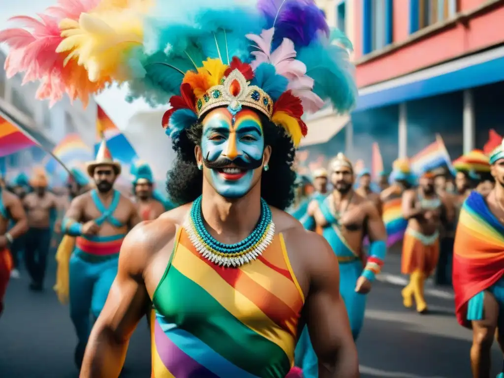 Desfile del Carnaval LGBT+ en Uruguay Un vibrante desfile de Carnaval en Uruguay con Agrupaciones LGBT+ celebrando juntas