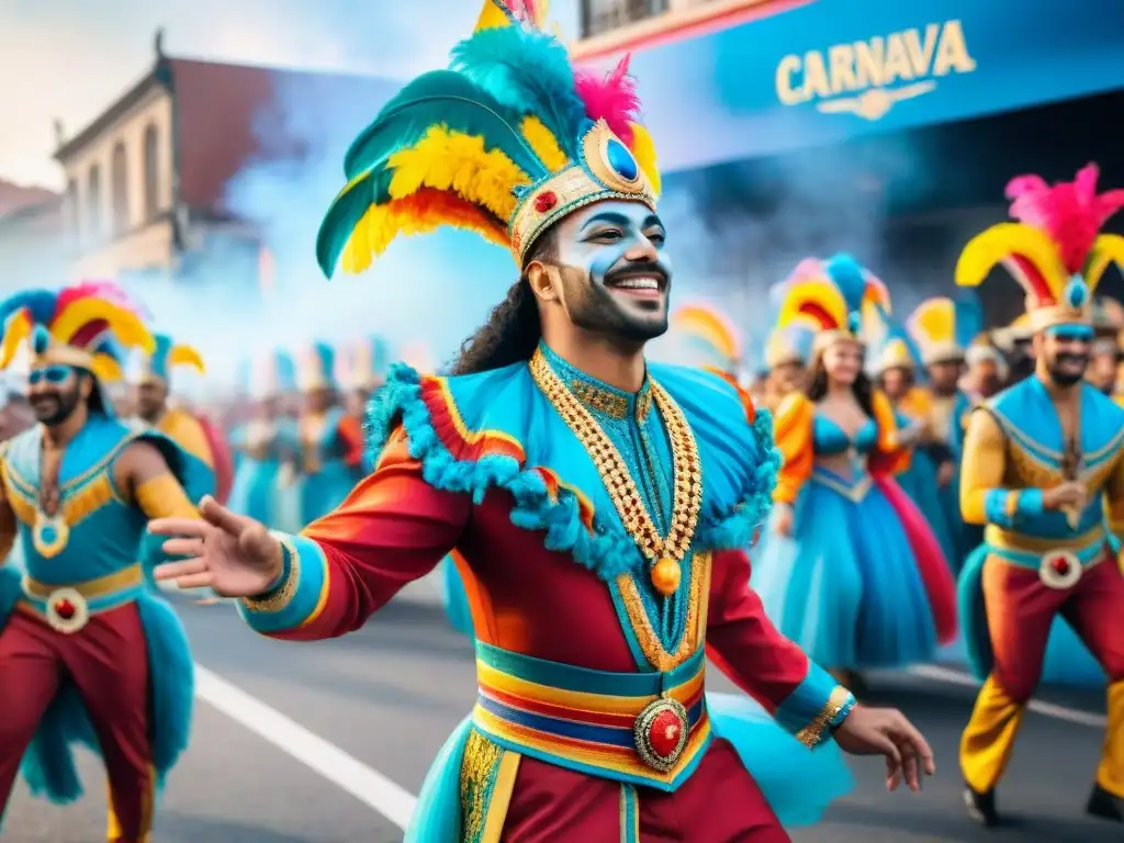 Carnaval Uruguayo: Celebración LGBT+ en colores Un vibrante desfile de Carnaval en Uruguay con agrupaciones LGBT+ celebrando juntas