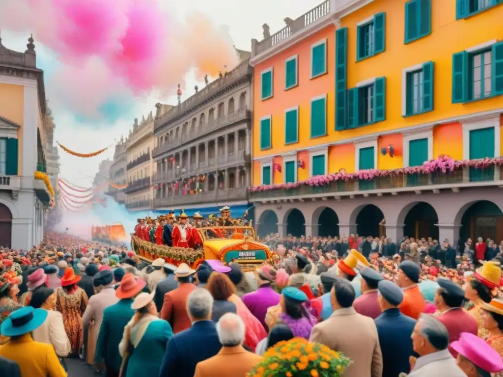 Desfile vibrante en el Carnaval de Montevideo Un vibrante desfile en el Carnaval de Montevideo: carros alegóricos, músicos y edificios coloniales
