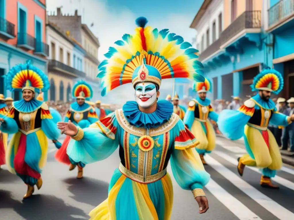 Desfile de Carnaval en Uruguay: Alegría y Color en Acuarela Un vibrante desfile de carnaval en Uruguay, con artistas y carrozas coloridas