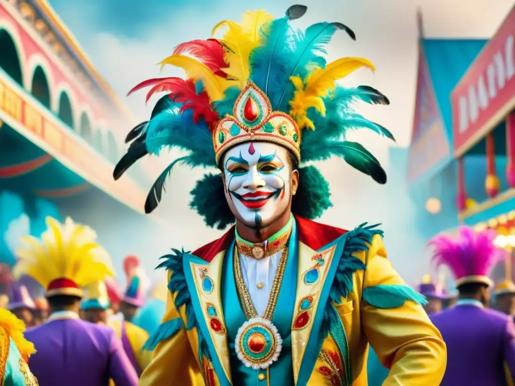 Desfile de Carnaval: Ilustración acuarela detallada Vibrante desfile de carnaval con artistas en trajes elaborados, bailando y música festiva