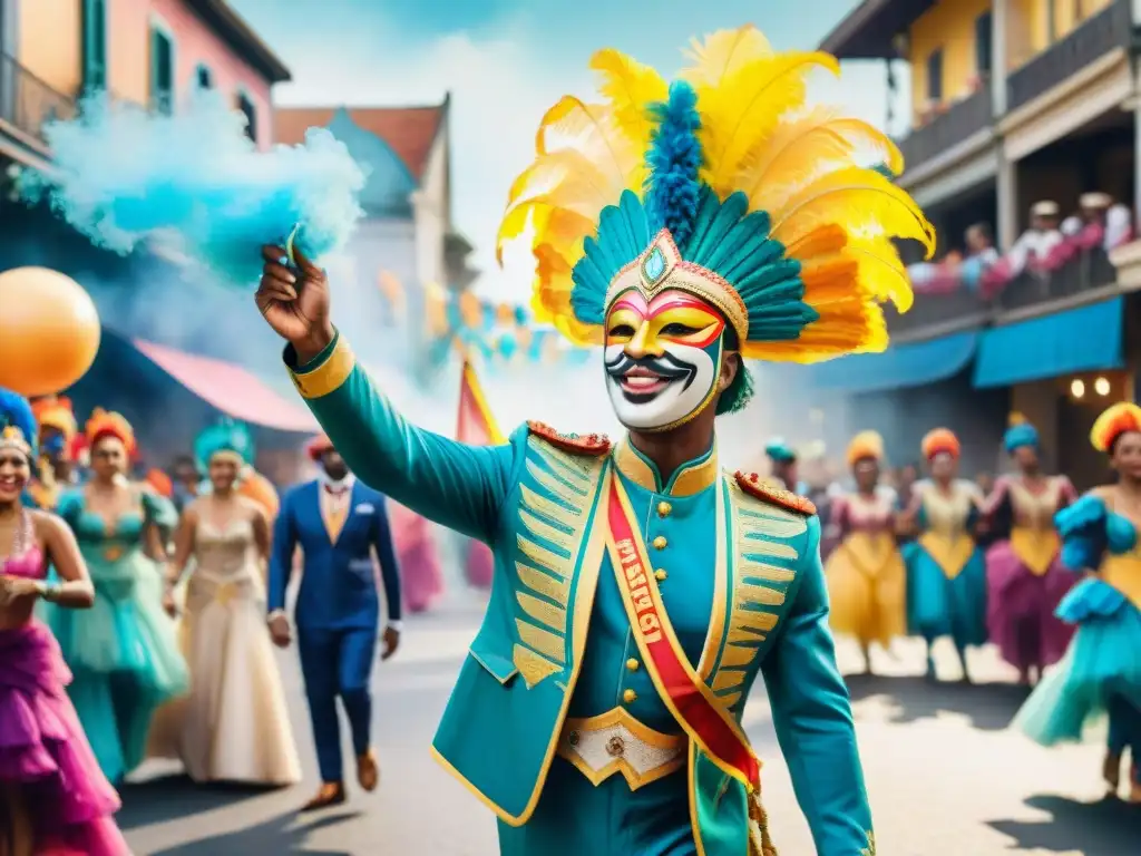 Deslumbrante Carnaval: danza y color en acuarela Vibrante desfile de Carnaval con artistas y carros de colores, reflejo de la creatividad de historias diseñadores artesanos carnaval