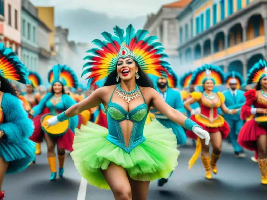 Deslumbrante Carnaval en Uruguay: ilustración acuarela ultra detallada Vibrante desfile de Carnaval en Uruguay con bailarines y músicos en trajes coloridos