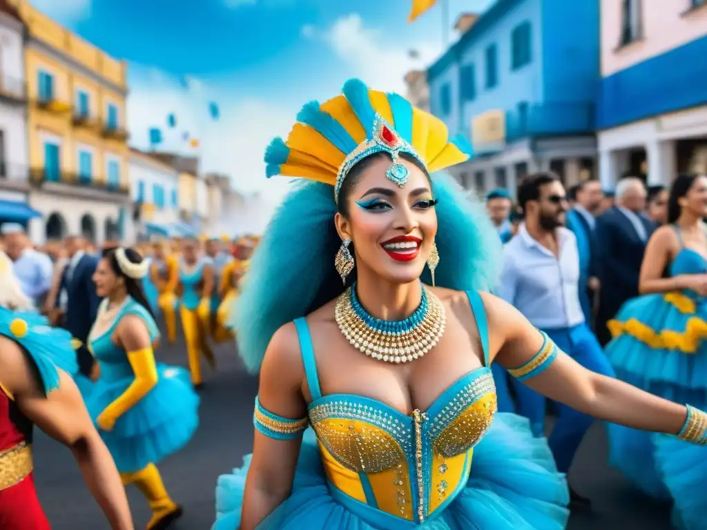 Desfile de Carnaval en Uruguay: Color y Alegría Un vibrante desfile de Carnaval en Uruguay: bailarines coloridos, bandas de música tradicional y espectadores alegres bajo un cielo azul