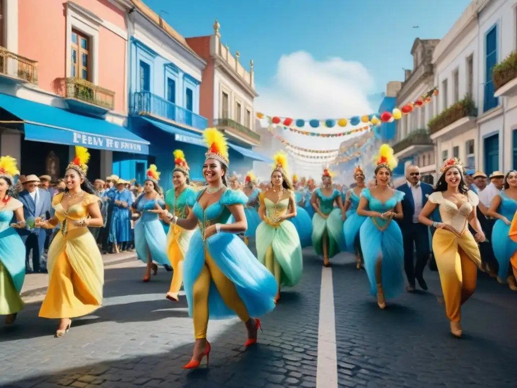 Deslumbrante Carnaval en Uruguay: Baile, música y coloridas calles Un vibrante desfile de Carnaval en Uruguay con bailarines y músicos, conexiones duraderas Carnaval Uruguayo