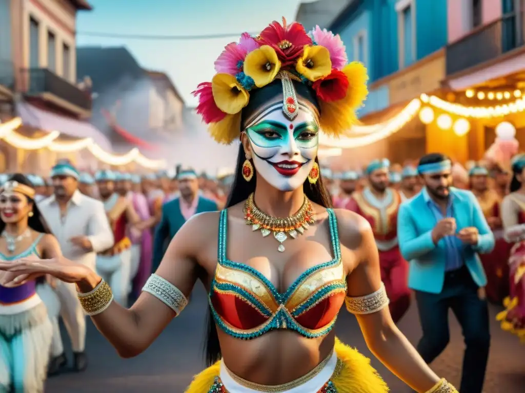 Deslumbrante Carnaval en Uruguay: Baile, color y alegría Vibrante desfile de Carnaval en Uruguay: bailarines con trajes elaborados y pintura facial, carros coloridos y espectadores animados