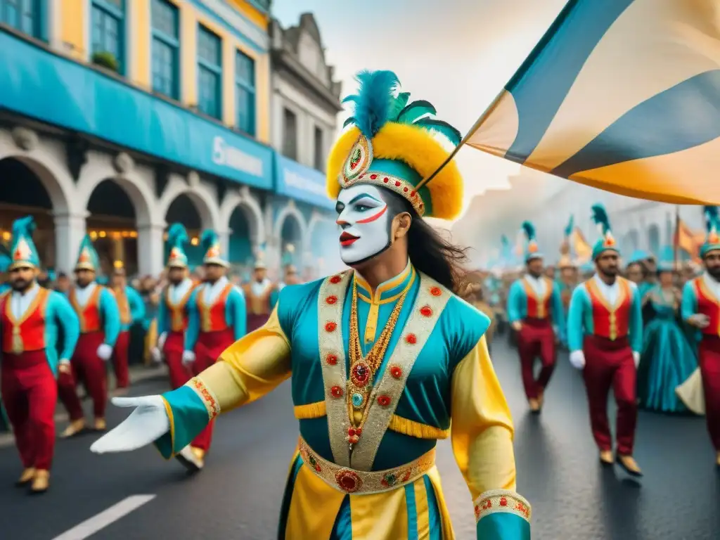 Desfile vibrante de Carnaval en Uruguay Un vibrante desfile de Carnaval en Uruguay con bailarines, música y carros decorados