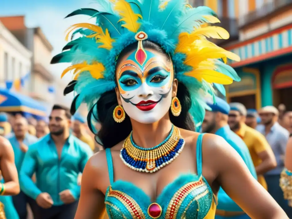 Colorido Carnaval Uruguayo: Danzas y Celebración en las Calles Un vibrante desfile de Carnaval en Uruguay con bailarines detallados y vestuarios coloridos