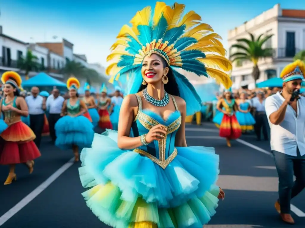 Deslumbrante desfile de Carnaval en Uruguay Un vibrante desfile de Carnaval en Uruguay con bailarines, músicos y coloridas carrozas