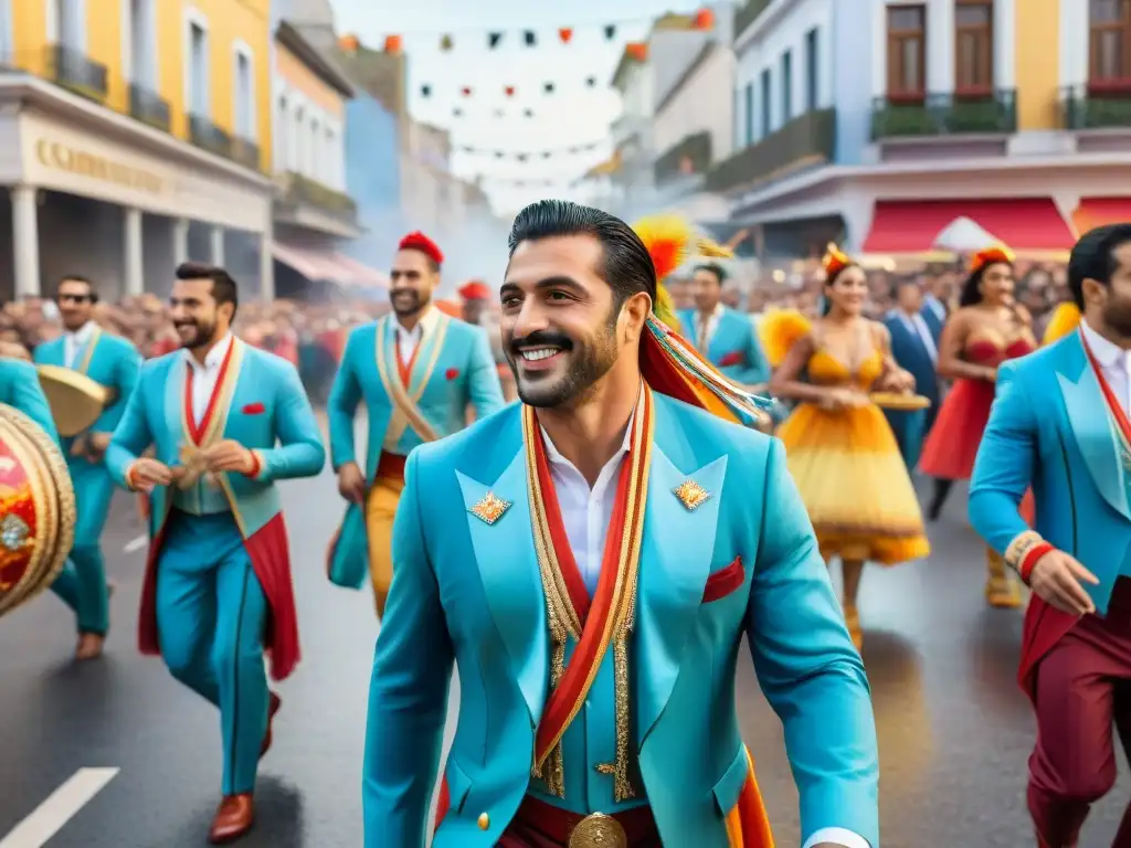 Desfile vibrante de carnaval en Uruguay Vibrante desfile de carnaval en Uruguay: bailarines, músicos y carrozas llenan las calles