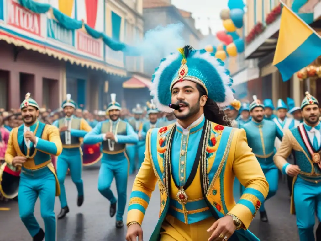 Deslumbrante desfile de carnaval en Uruguay Vibrante desfile de carnaval en Uruguay con bailarines y músicos, ideal para Apps para seguir Carnaval Uruguayo