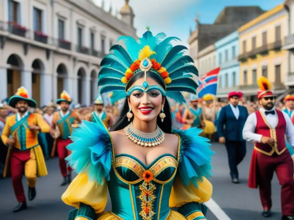 Deslumbrante Carnaval en Uruguay: coloridos bailes y música Un vibrante desfile de Carnaval en Uruguay, con bailarines y músicos en trajes coloridos