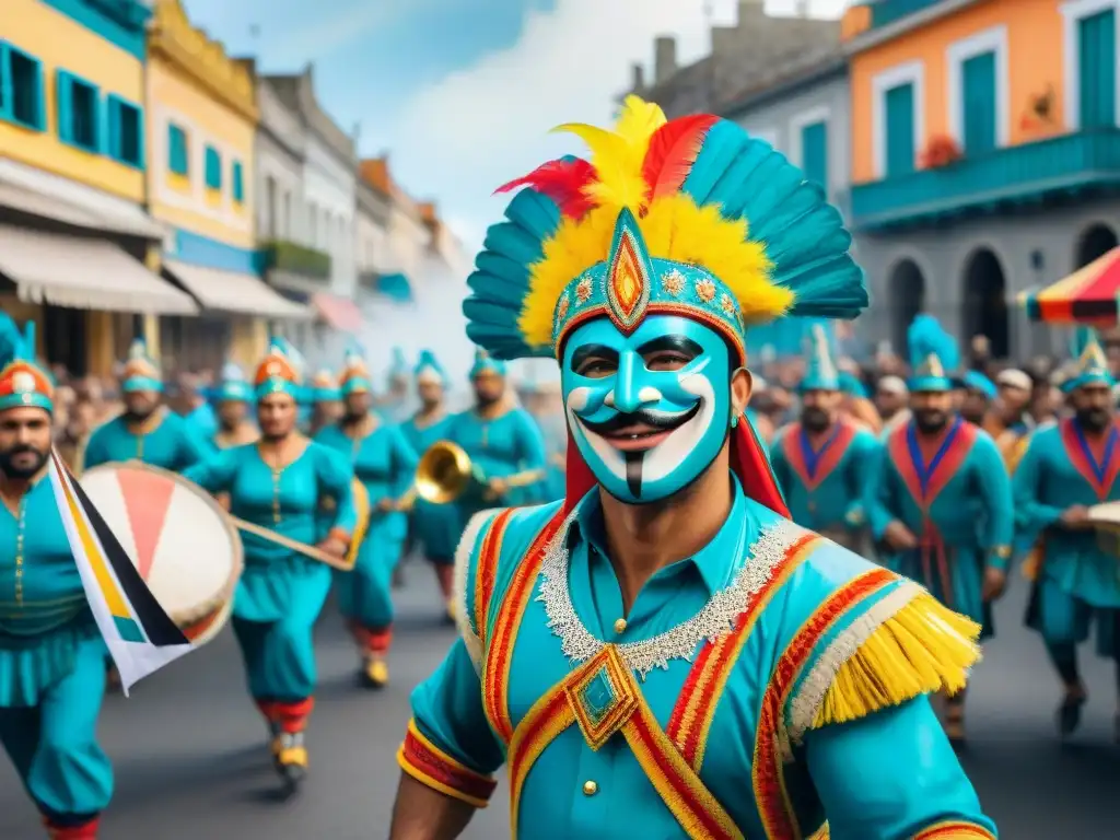 Desfile de Carnaval en Uruguay: una explosión de color y alegría Un vibrante desfile de Carnaval en Uruguay con bailarines, músicos y espectadores, reflejando la lealtad de marca