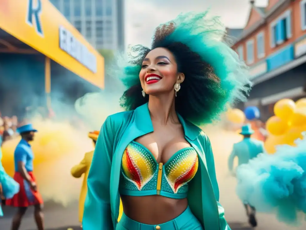 Desfile de Carnaval: Energía y Alegría en Acuarela Vibrante desfile de carnaval con música, baile y coloridos carros alegóricos