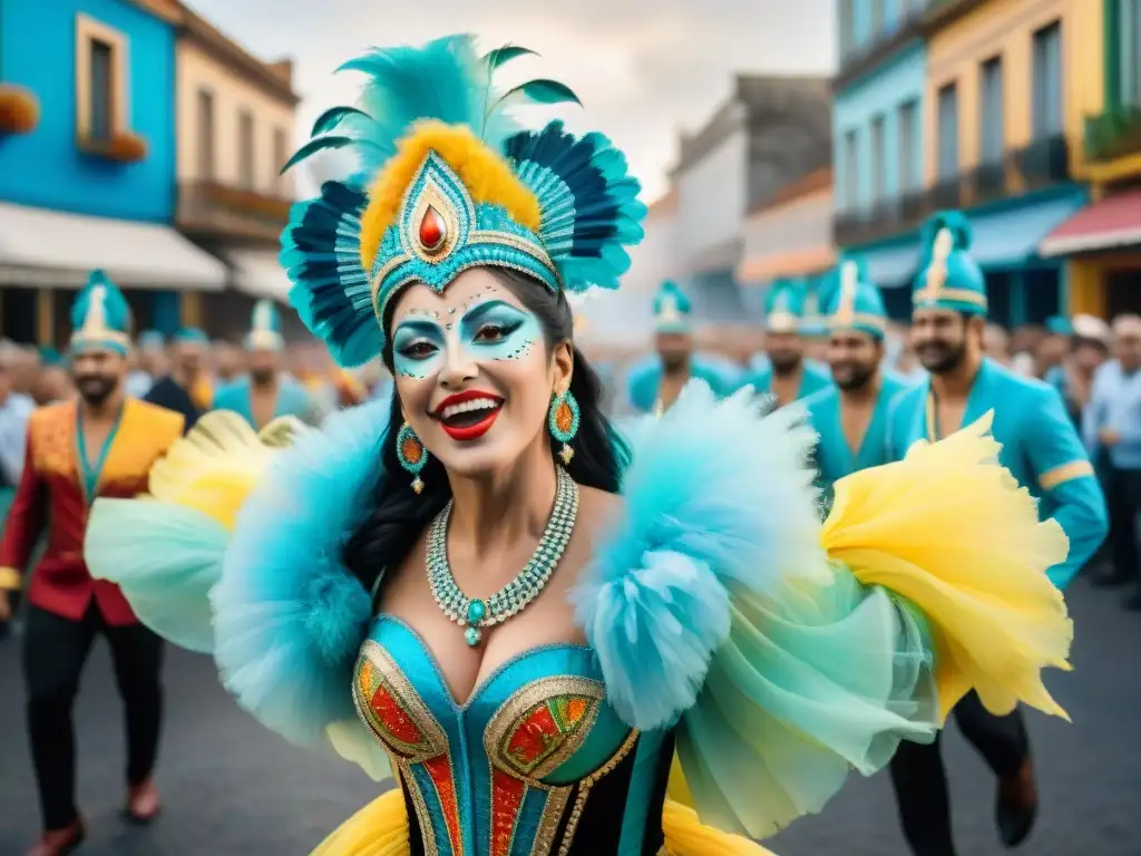 Desfile de Carnaval en Uruguay: colores y alegría Un vibrante desfile de Carnaval en Uruguay, capturado en una intrincada acuarela