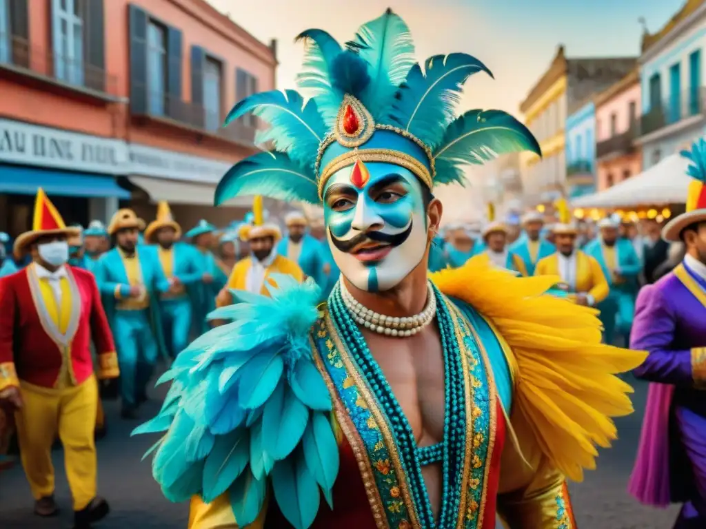 Carnaval en Uruguay: tradición y colorido festivo Un vibrante desfile de Carnaval en Uruguay capturado en una pintura acuarela, mostrando la tradición y la festividad con coloridos trajes y danzas