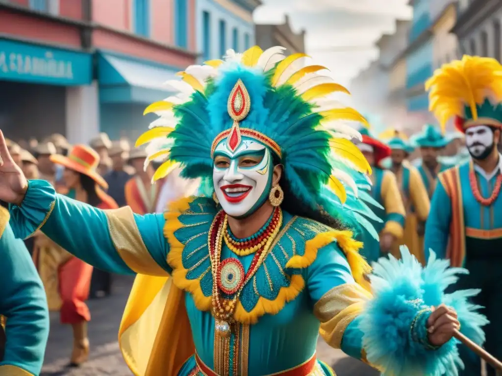 Deslumbrante Carnaval uruguayo: colores y alegría en acuarela Vibrante desfile de Carnaval en Uruguay, patrocinar Carnaval Uruguayo beneficios