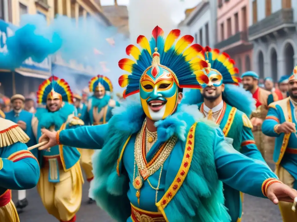Desfile colorido en el Carnaval Uruguayo: pintura acuarela detallada Un vibrante desfile de Carnaval en Uruguay con carrozas, bailarines y música, capturando la esencia festiva