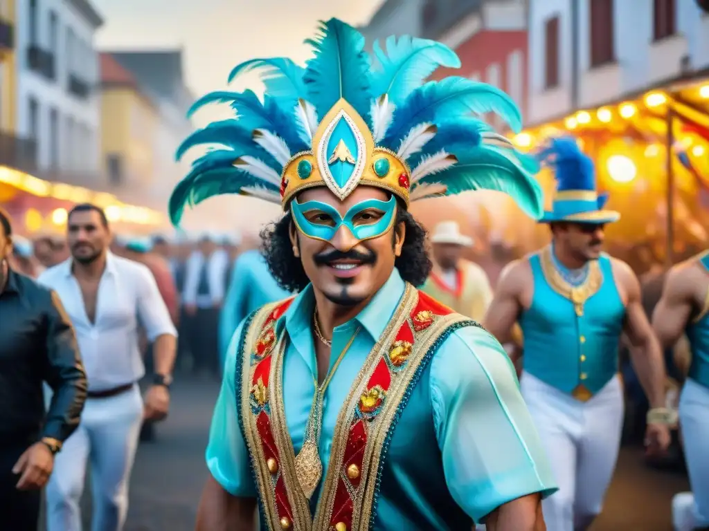 Deslumbrante carnaval en Uruguay: vibrante celebración de cultura y alegría Un vibrante desfile de carnaval en Uruguay con carrozas coloridas, bailarines y espectadores animados