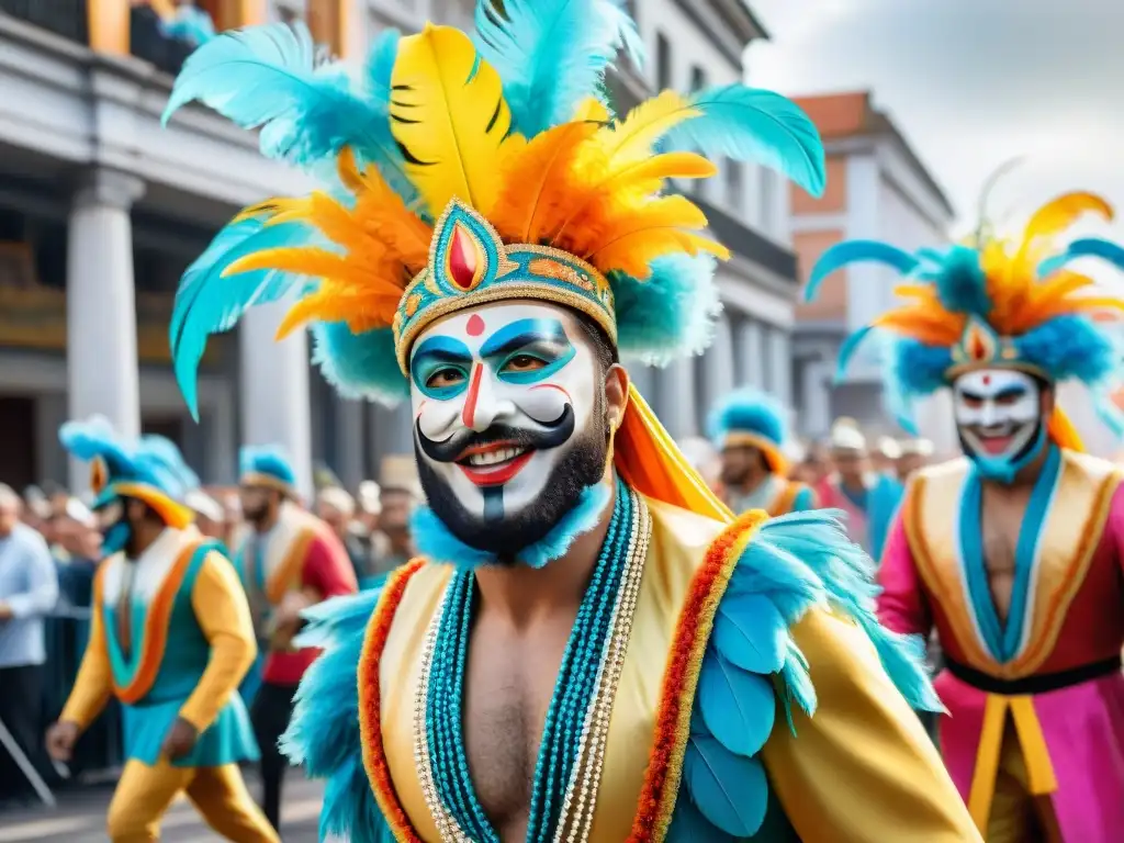 Deslumbrante desfile de carnaval en Uruguay: acuarela detallada Vibrante ilustración acuarela del desfile de Carnaval en Uruguay, con carrozas y trajes coloridos