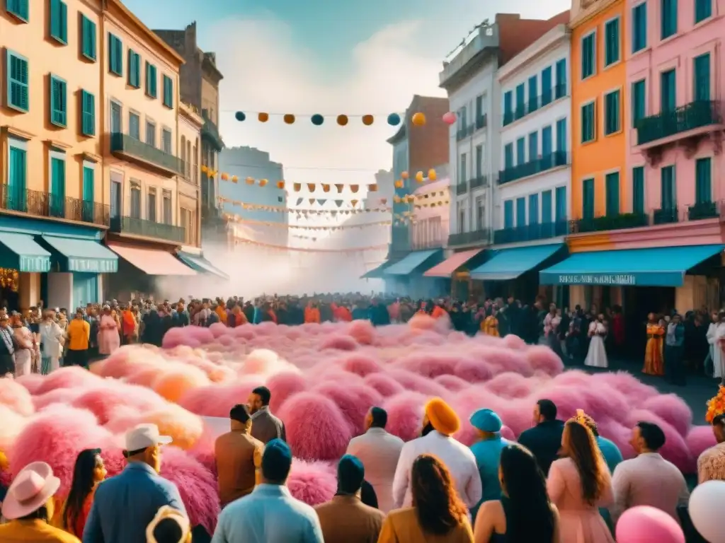 Desfile de Carnaval en Montevideo: Color y Alegría Un vibrante desfile de Carnaval en Montevideo, con carrozas coloridas, bailarines y espectadores felices