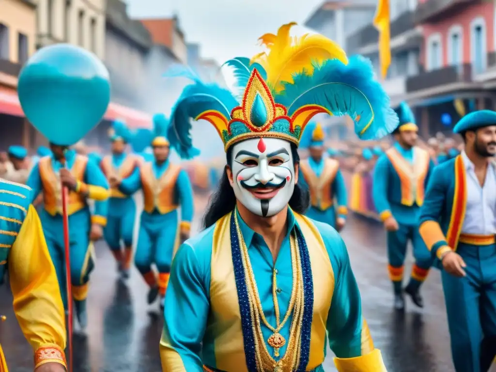 Vibrante desfile de Carnaval en Uruguay con carrozas, danzarines y espectadores