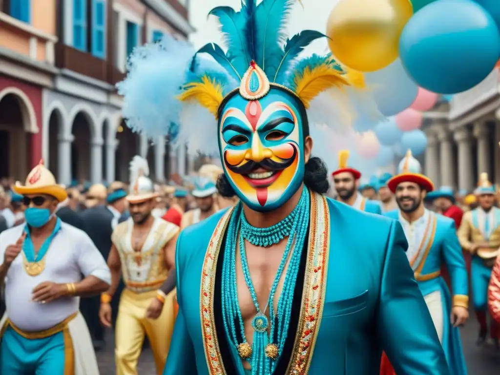 Deslumbrante pintura acuarela del Carnaval en Uruguay Un vibrante desfile de Carnaval en Uruguay, con carrozas coloridas y danzarines en trajes elaborados