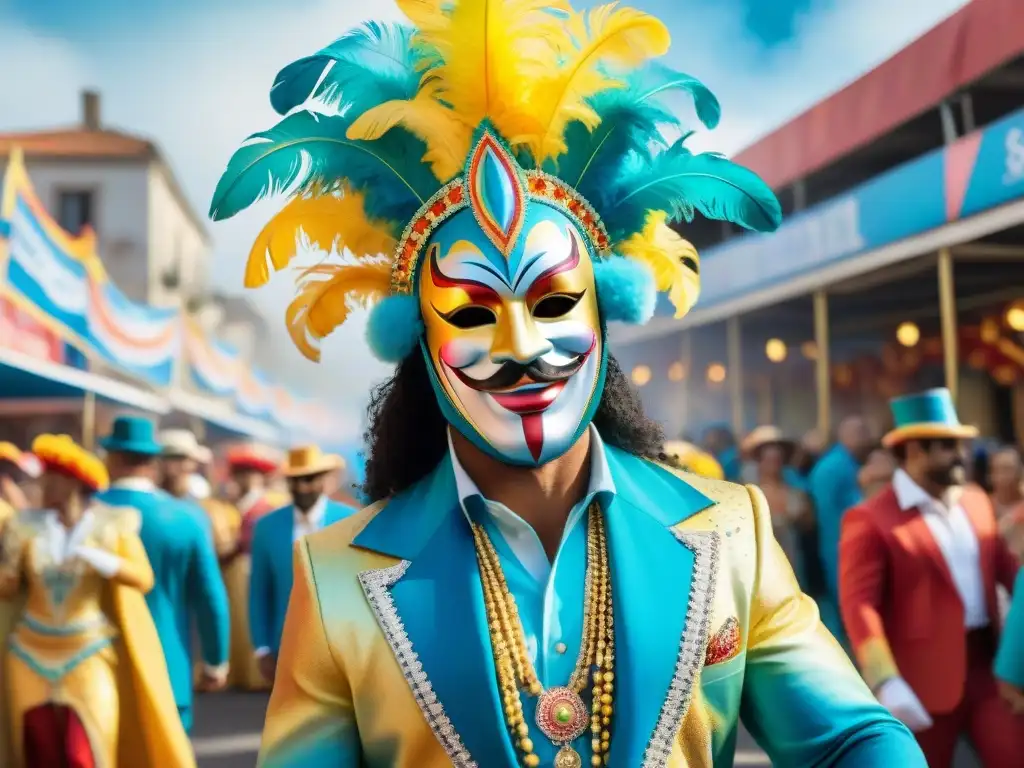 Desfile vibrante de Carnaval en Uruguay: alegría y color Vibrante desfile de Carnaval en Uruguay con carrozas, bailarines y música alegre