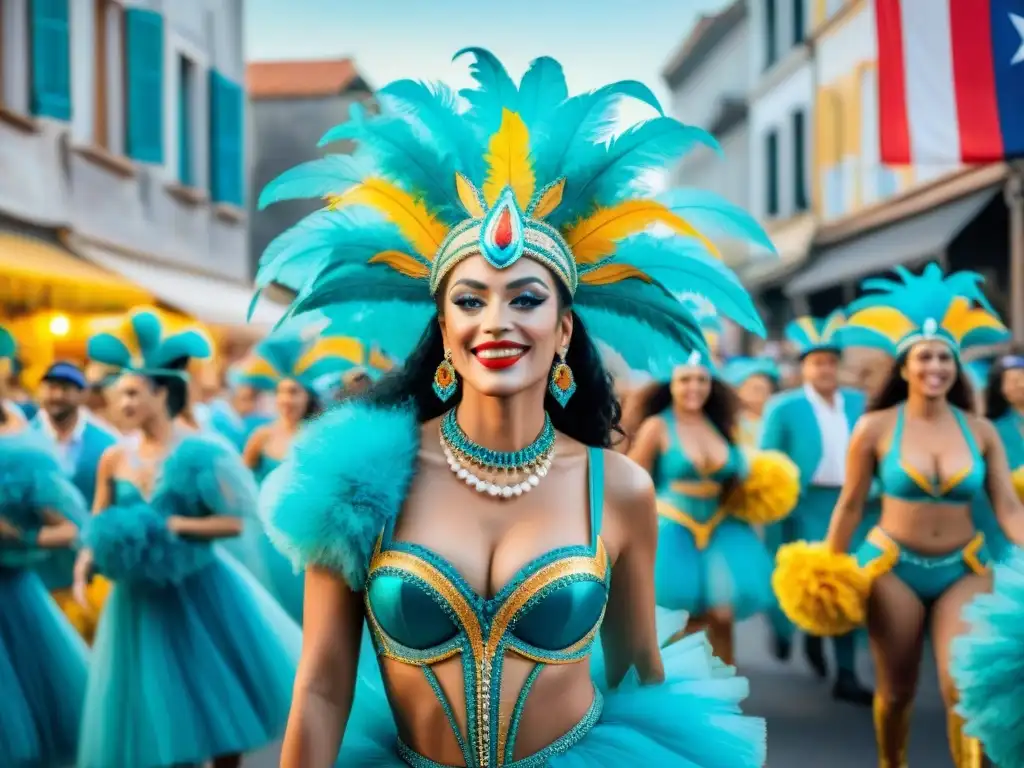 Un vibrante desfile de Carnaval en Uruguay, con coloridas carrozas y bailarines en trajes elaborados