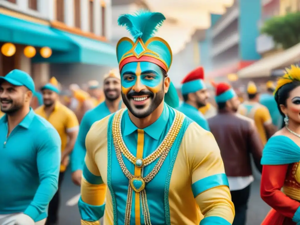 Carnaval Uruguayo: desfile vibrante y colorido Un vibrante desfile de carnaval en Uruguay con coloridos carros alegóricos, bailarines y espectadores felices