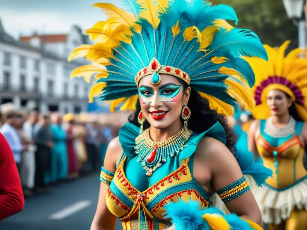 Deslumbrante desfile de carnaval en Uruguay Un vibrante desfile de Carnaval en Uruguay, con coloridos trajes y carrozas