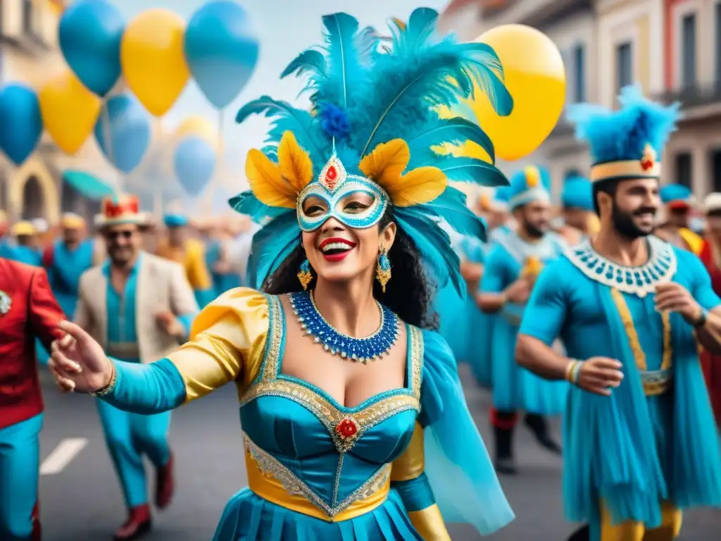 Desfile colorido de Carnaval en Uruguay Un vibrante desfile de Carnaval en Uruguay, con niños en coloridos trajes bailando alegremente al ritmo de la música tradicional