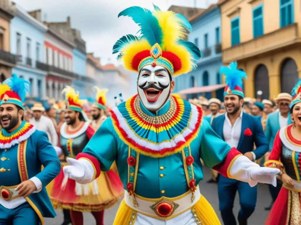 Carnaval Uruguayo: Colorida celebración llena de energía Vibrante desfile de Carnaval en Uruguay, con coloridos disfraces y música tradicional