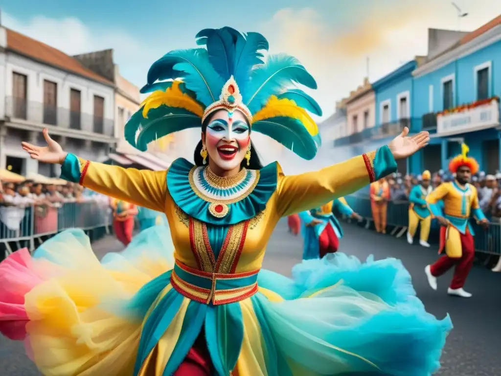Un vibrante desfile de carnaval en Uruguay con coloridos carros alegóricos, bailarines y espectadores, capturando la esencia del Carnaval Uruguayo