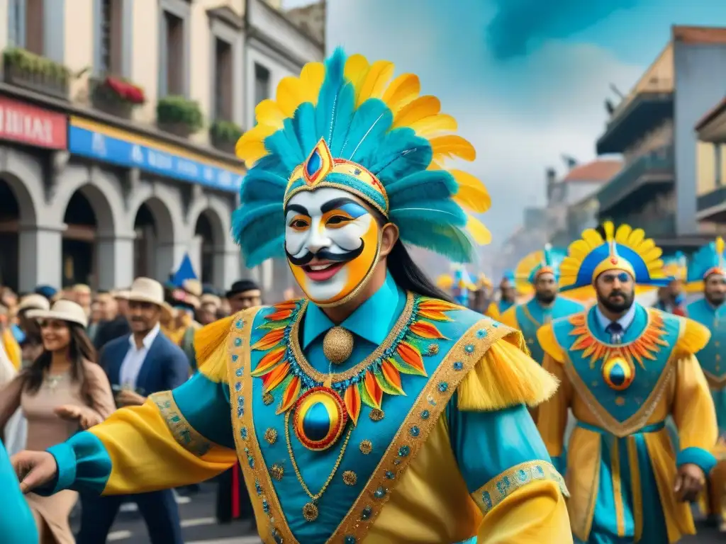 Pintura acuarela: Desfile vibrante de carnaval en Uruguay Un vibrante desfile de carnaval en Uruguay, con coloridos atuendos y espectadores animados