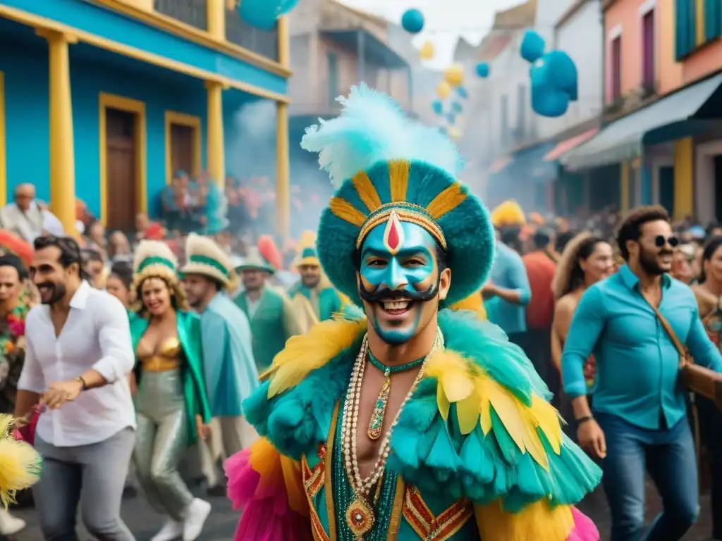 Deslumbrante Carnaval en Uruguay: Detalles de la alegría festiva Vibrante desfile de Carnaval en Uruguay: coloridos carros alegóricos, bailarines y músicos en trajes elaborados, y espectadores animados disfrutando