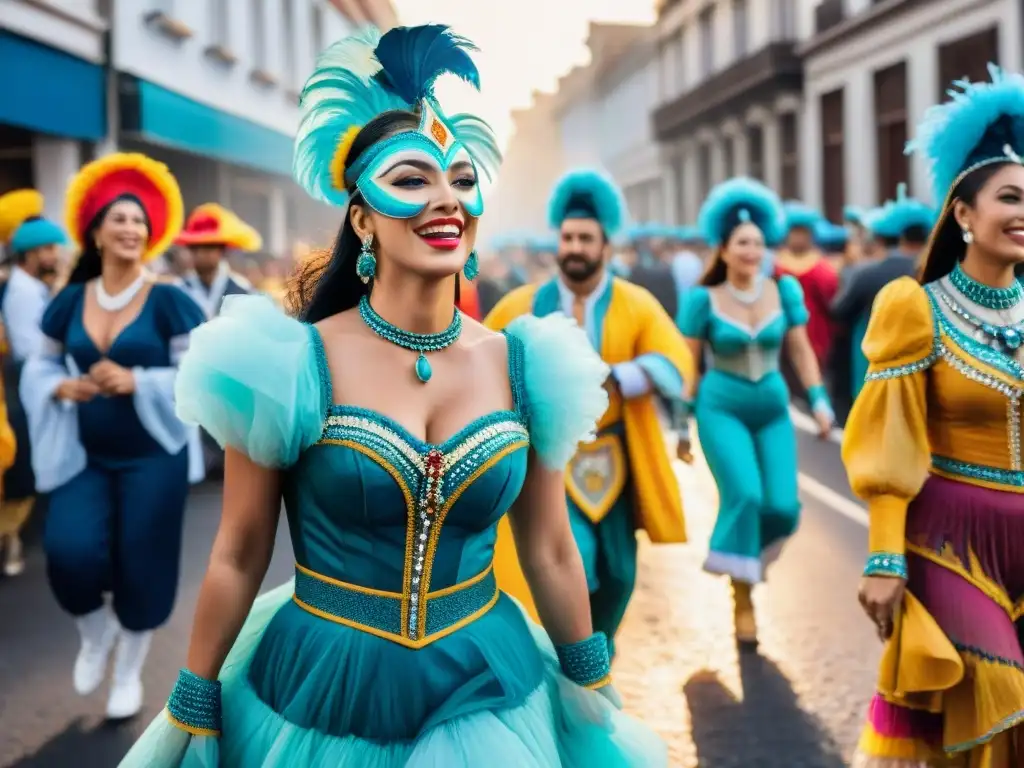 Deslumbrante Carnaval en Uruguay: alegría y tradición Un vibrante desfile de Carnaval en Uruguay con coloridos trajes y bailarines energéticos, una multitud animada y alegre