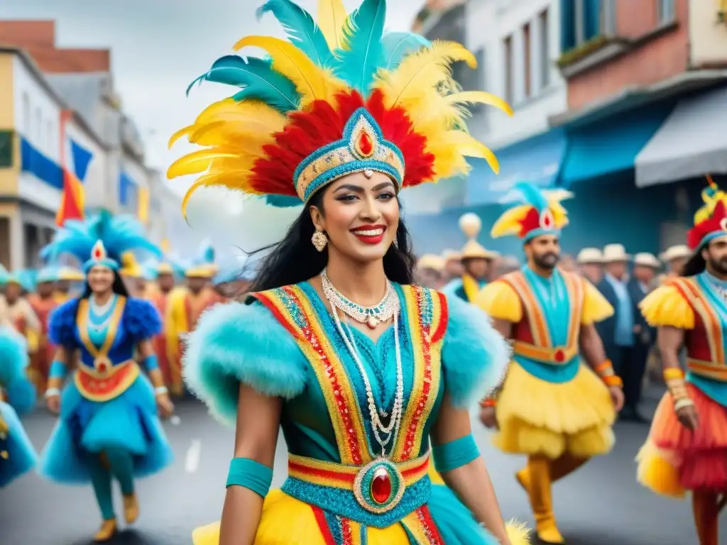 Deslumbrante Carnaval en Uruguay: Una colorida celebración Un vibrante desfile de Carnaval en Uruguay, con coloridos trajes, músicos y espectadores emocionados