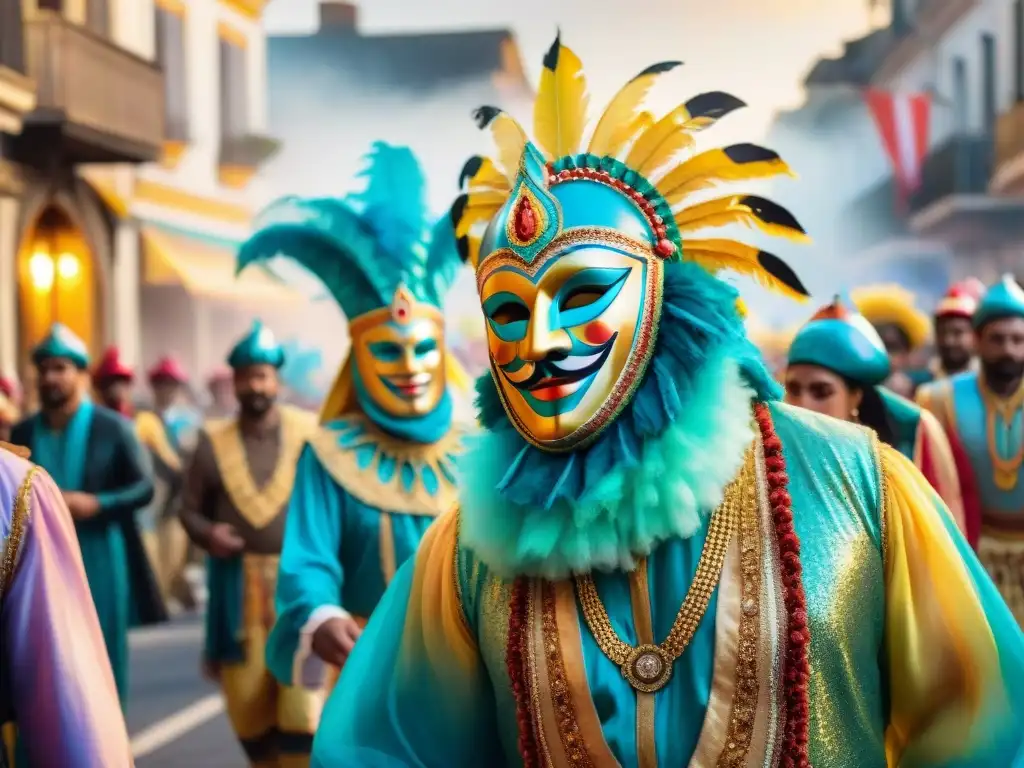 Deslumbrante desfile de Carnaval en Uruguay: color, alegría y música Un vibrante desfile de Carnaval en Uruguay, con coloridos trajes y música alegre