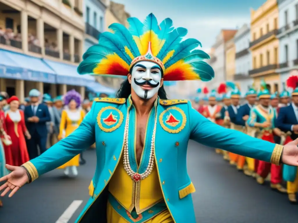 Pintura acuarela: Carnaval vibrante en Uruguay Un vibrante desfile de Carnaval en Uruguay con coloridos tablados y anécdotas compartidas